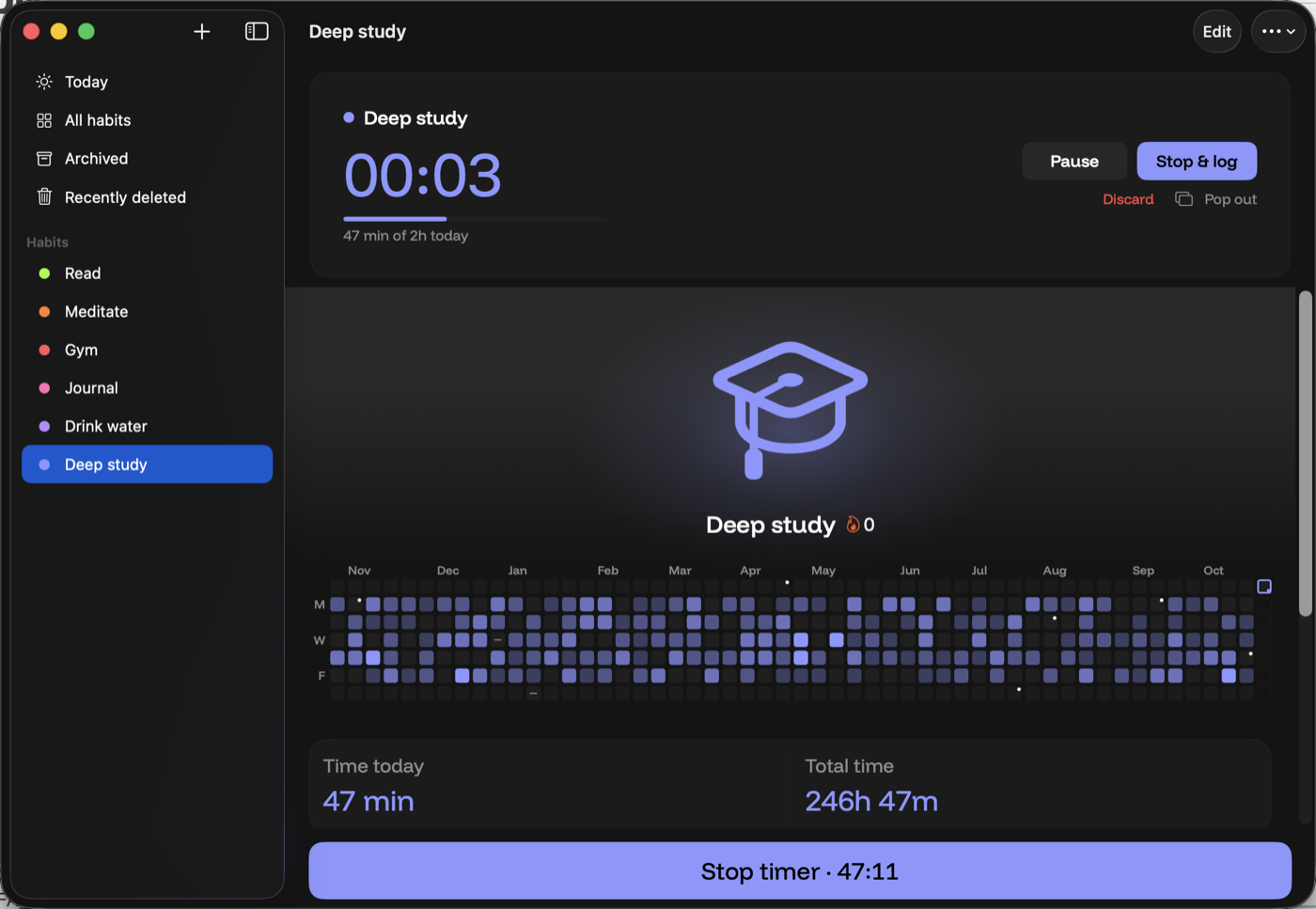 Habit detail on Mac for Deep study, with an inline timer, a year of squares, and time totals. Sample data.