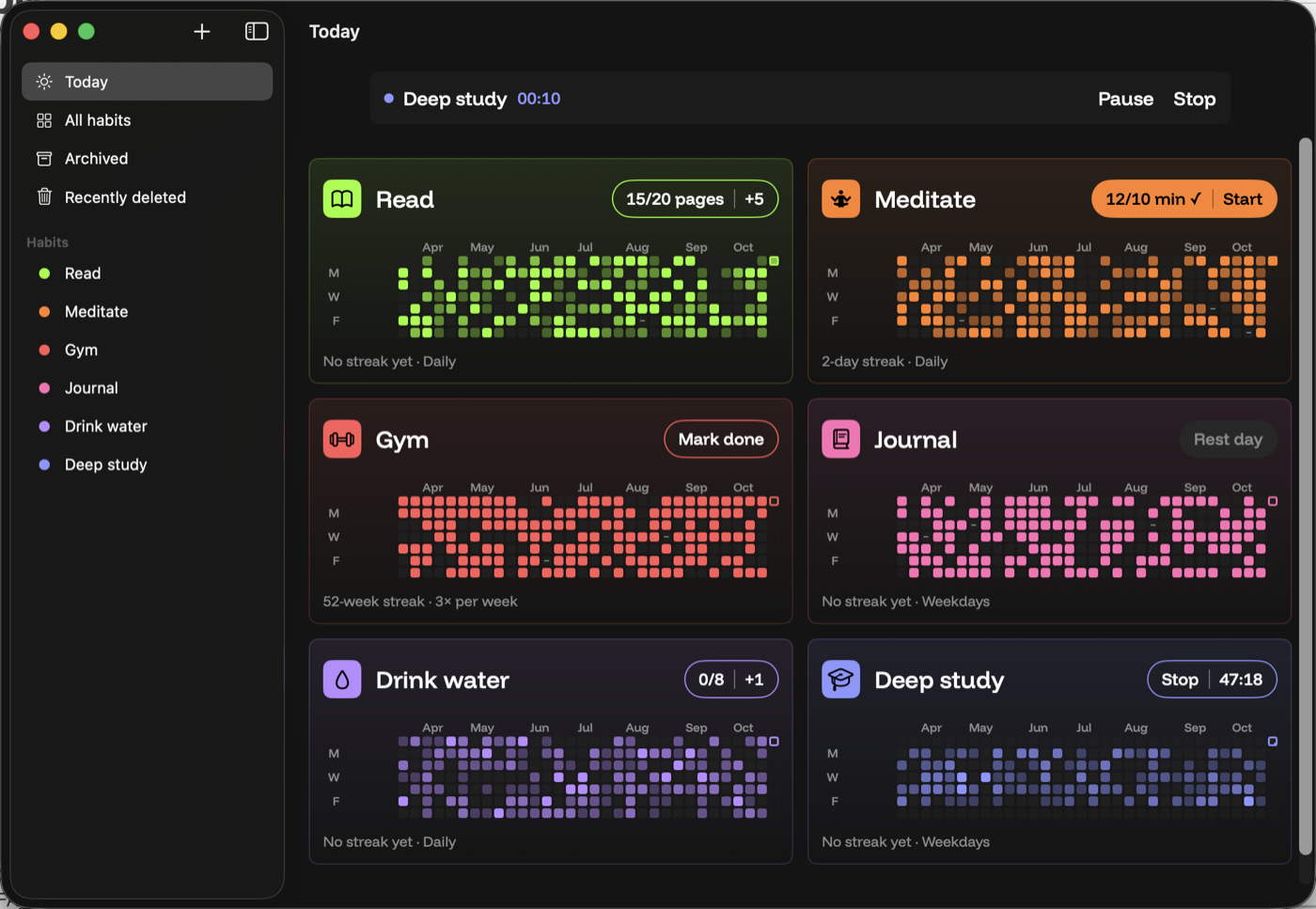 Habitumap on Mac, Today screen. A Deep study timer is running with Pause and Stop, and habit cards show heatmaps. Sample habits.
